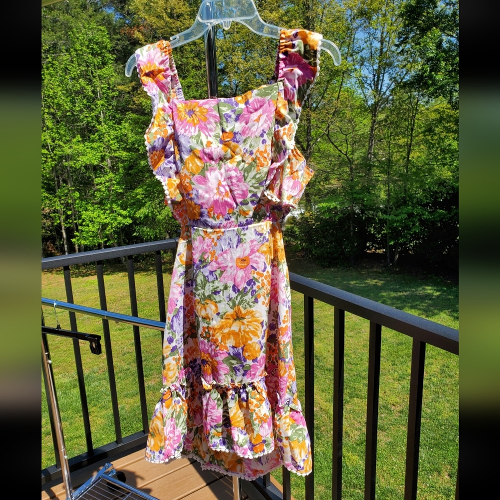 Women's Floral Open-Back Bow Tie Mini Dress w/ Ruffle Straps
